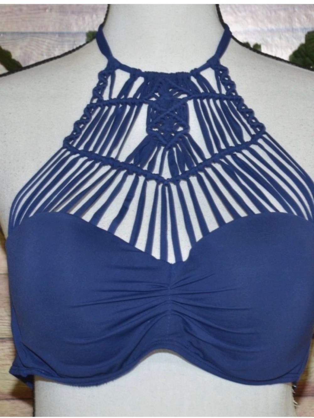 Ambrielle Navy Blue Strappy High-Neck Swim Bodysuit